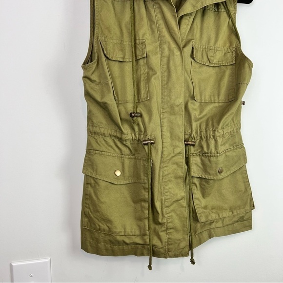 Love Tree Vest womens small olive green utility hooded tie string snap button - Picture 3 of 8